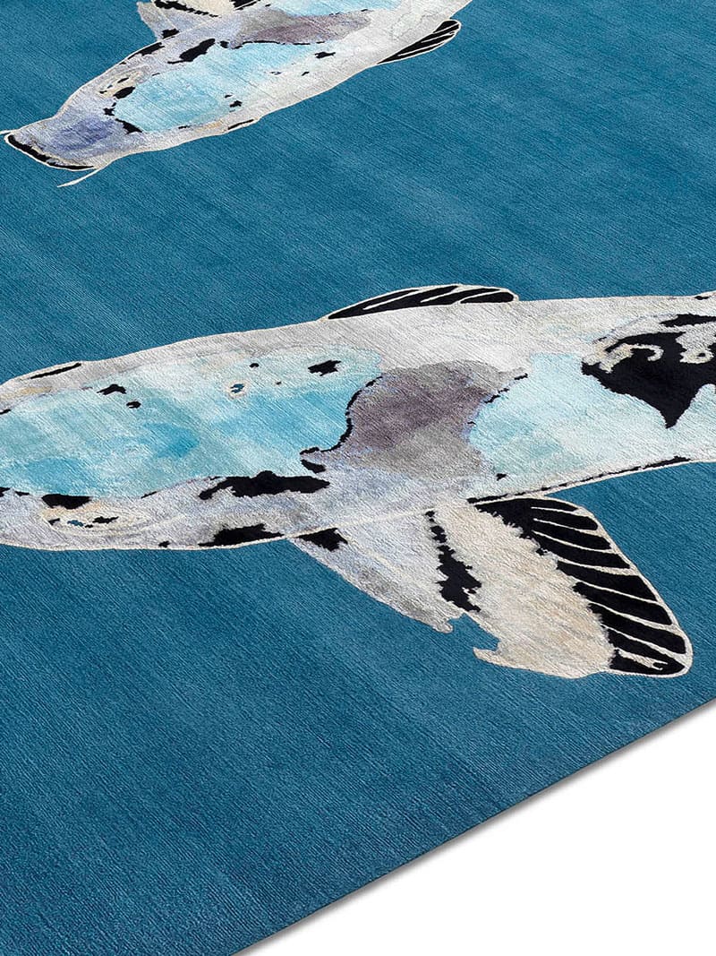 Fish Blue on Turquoise Luxury Hand-Knotted Rug