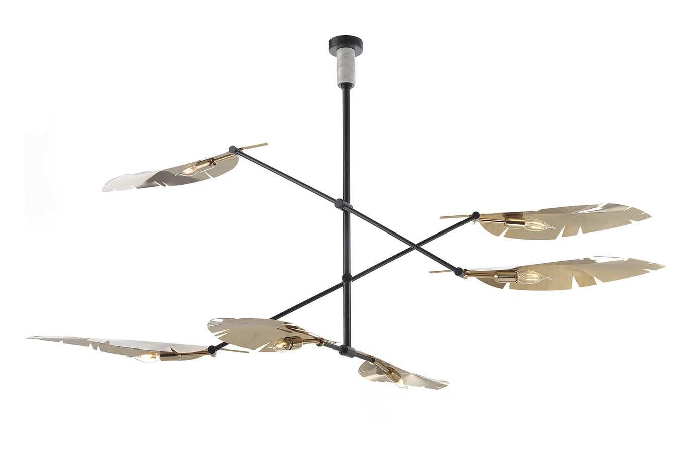 Leaf Chandelier in Soft Gold and Black with Carrara Marble