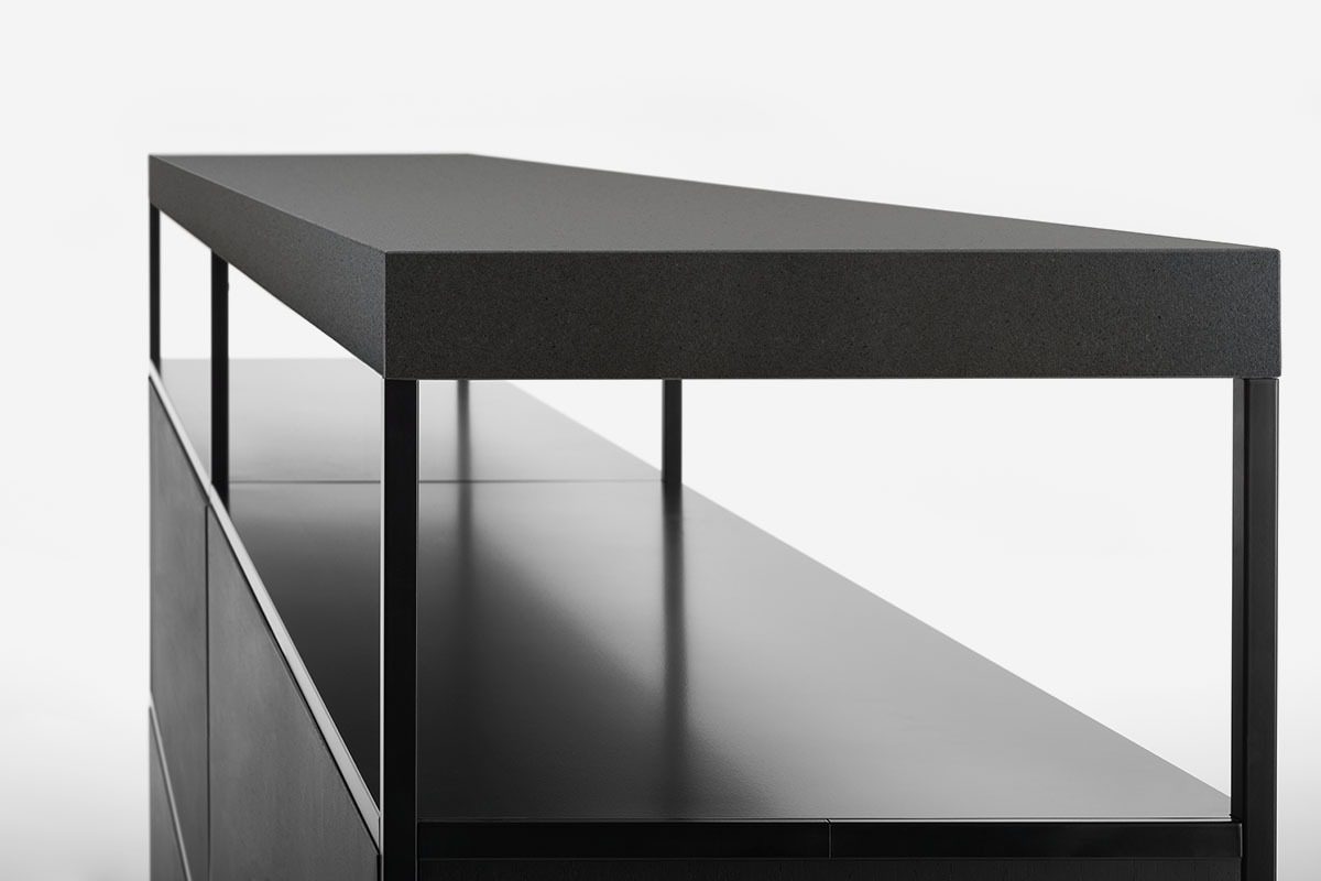 Minima Sideboard ☞ Structure: Matt Painted Graphite Grey ☞ Configuration: SB-4 (Height 64 cm) ☞ Top: Reconstructed Stone Black Slate X132