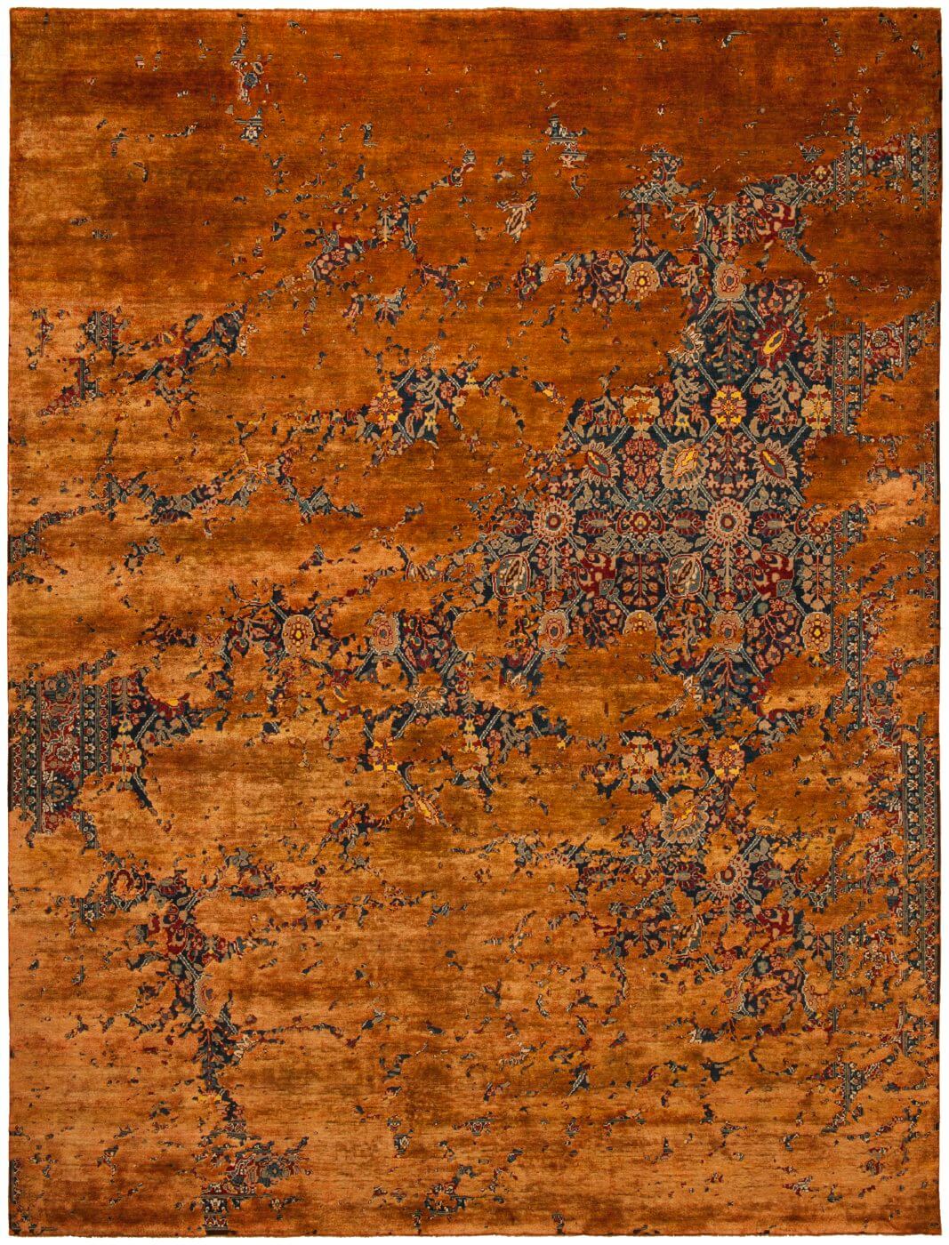 Tabriz Canal Aerial Navyblue Brownwire Silk Rug