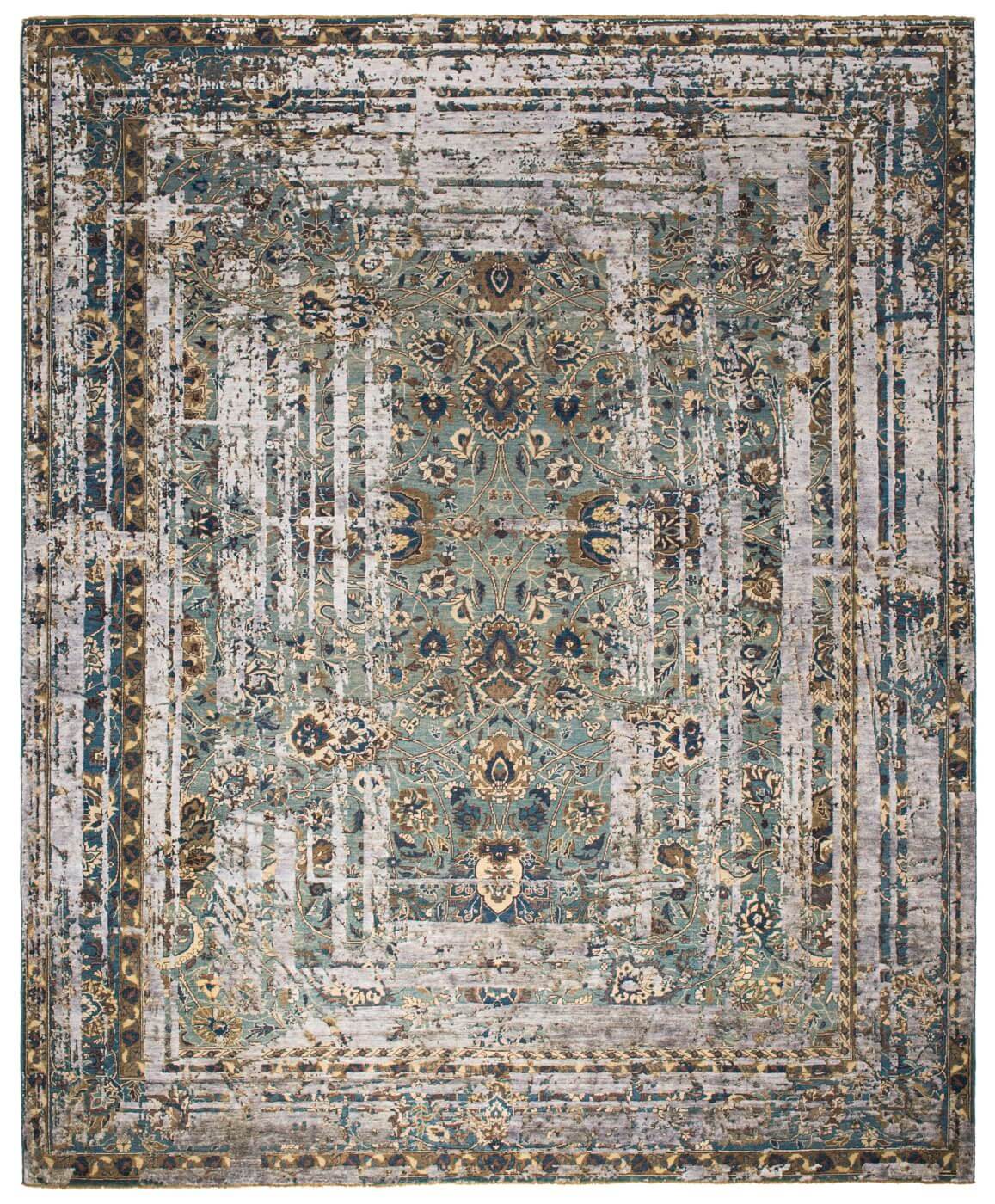 Kirman Flower Frame Green Darkgrey Silk Rug