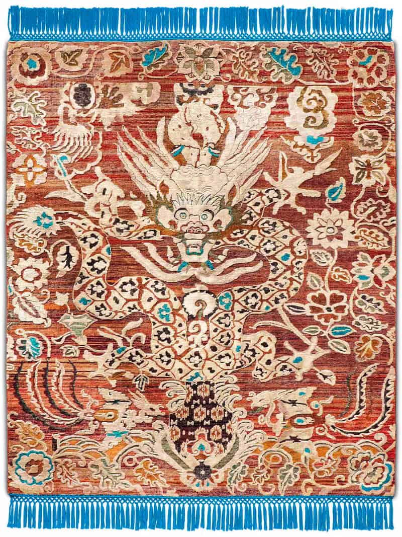 Dragon Blue / Red Hand-Knotted Rug