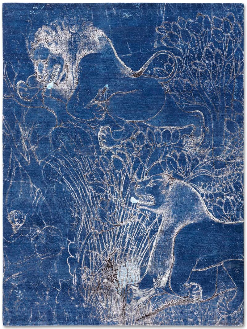 Two Lions Navy Hand-Woven Rug