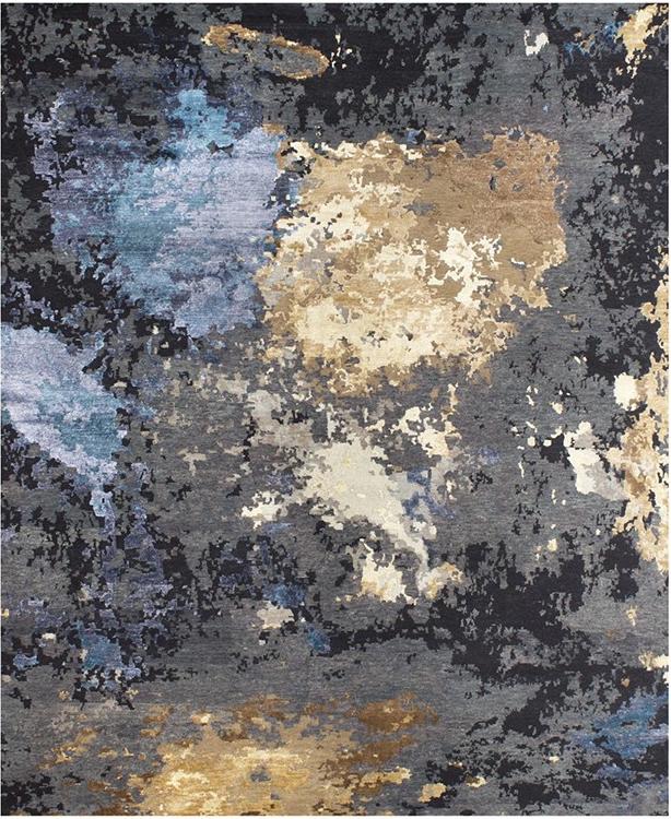 Abstract Charcoal Blue Gold Rug ☞ Size: 200 x 300 cm