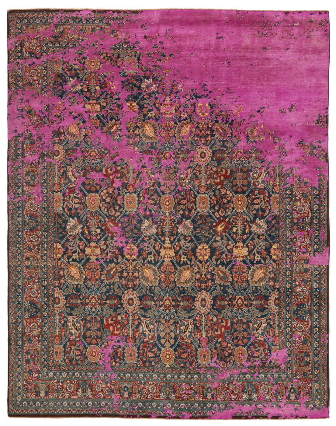 Tabriz Canal Rocked Navyblue Neonpink Silk Rug