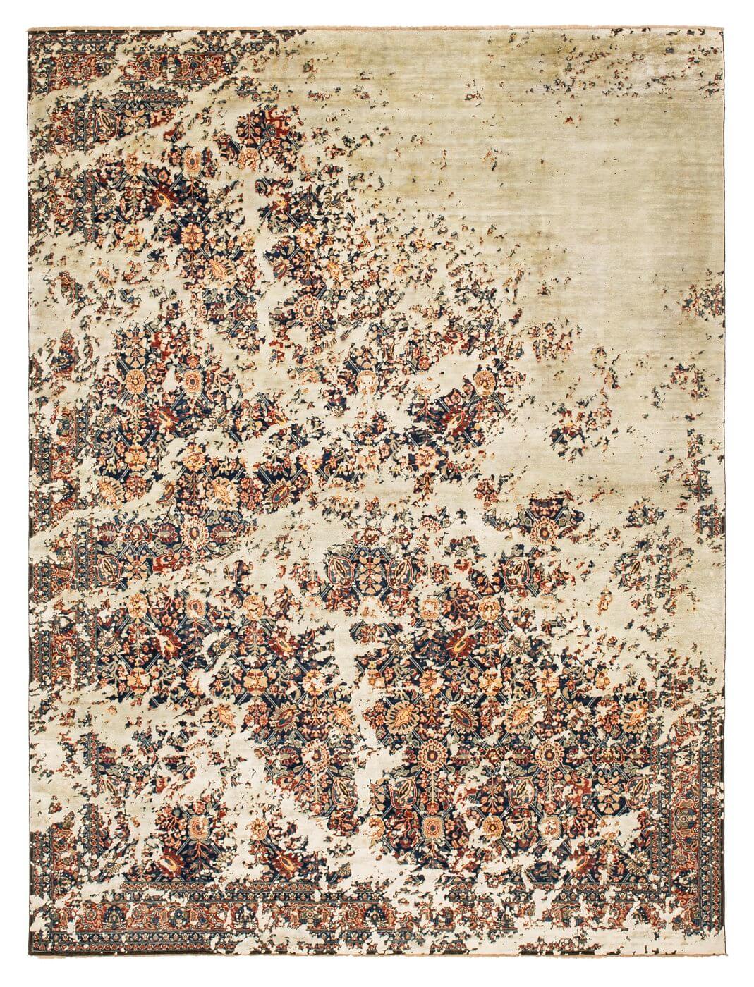 Tabriz Canal Sky Rocked Navyblue Silvergrey Silk Rug