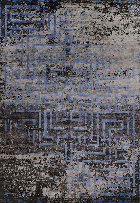 Hand-Knotted Bamboo Silk Abstract Indian Rug