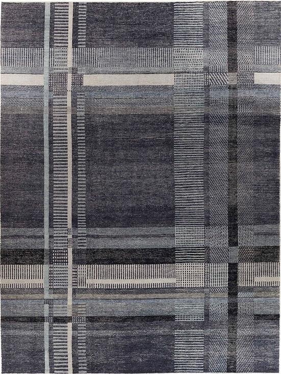 Hand-Knotted Turkish Checkered Grey Rug