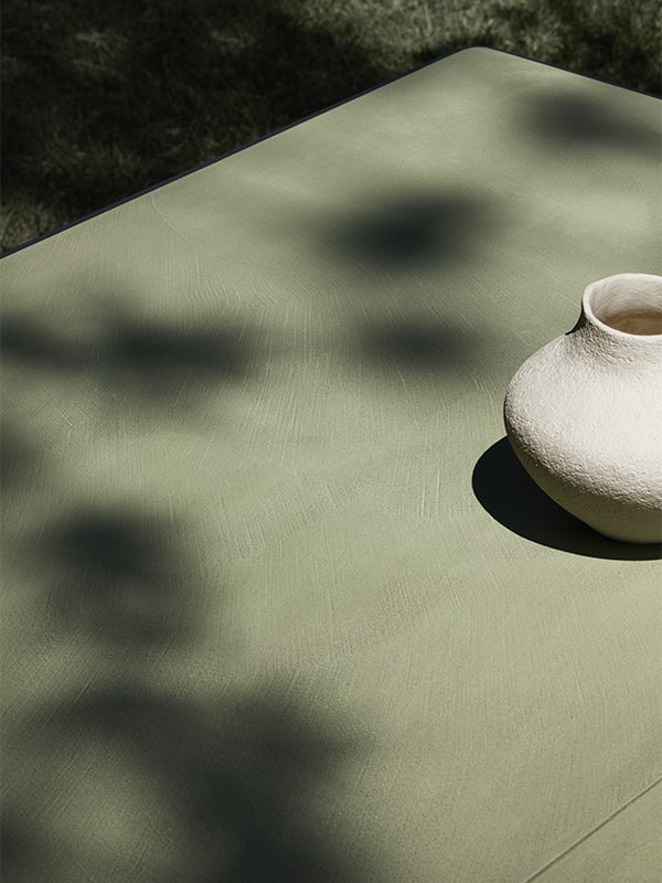 Offset Indoor / Outdoor Table ☞ Use: Indoor ☞ Structure: Brushed Anodised Aluminium X137 ☞ Top: Reconstructed Stone Sage Green X161