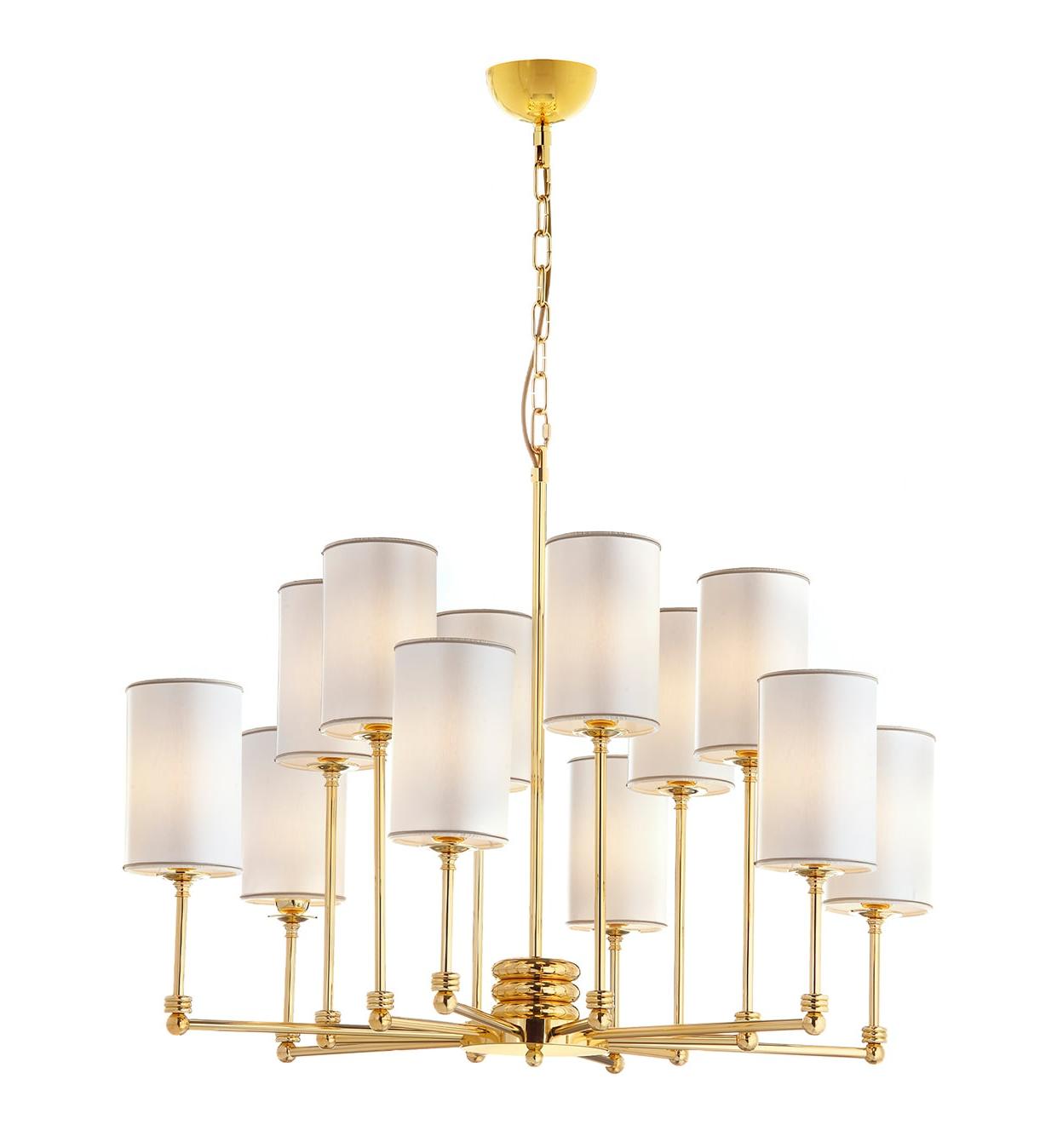 Polished Gold Brass Chandelier with Fabric Shades