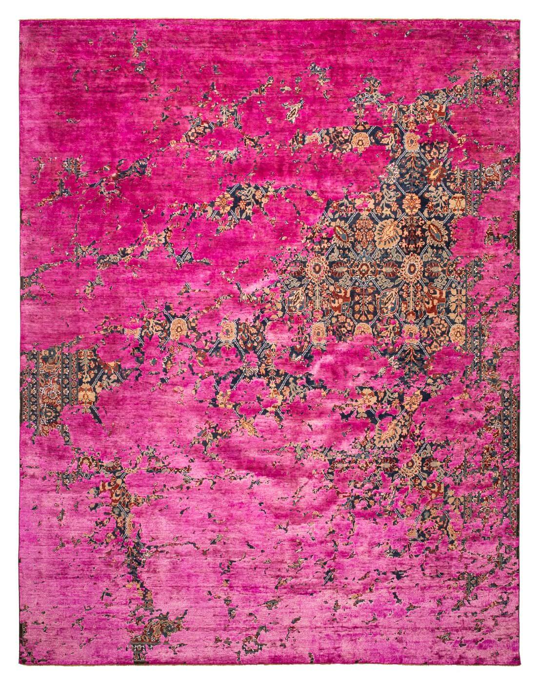 Tabriz Canal Aerial Navyblue Neonpink Silk Rug