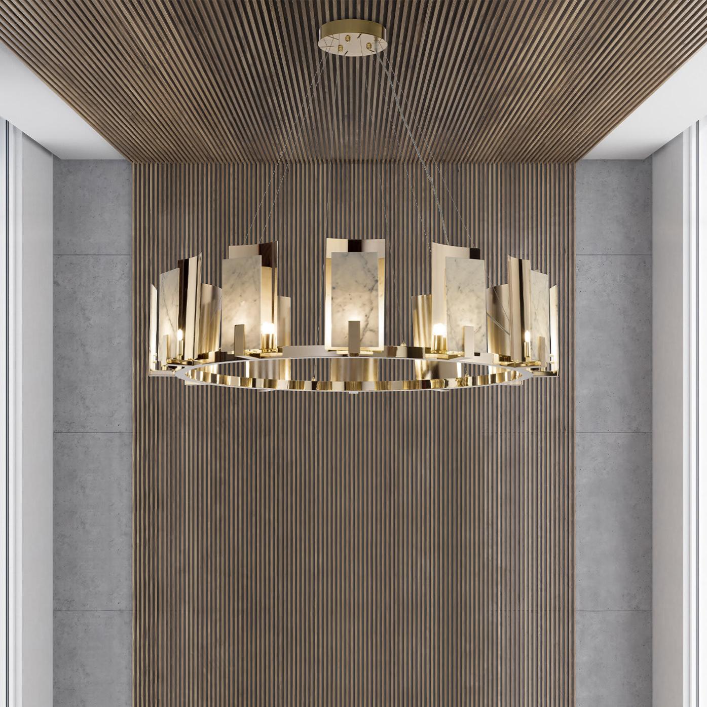 Carrara Marble Round Chandelier in Gold Finish