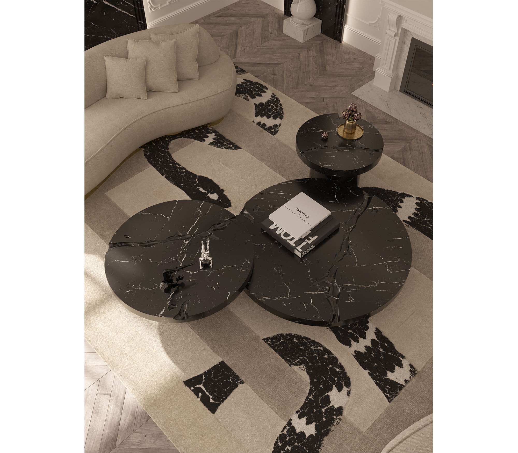 Dominion Nero Marquina Marble 3-Piece Center Table Set
