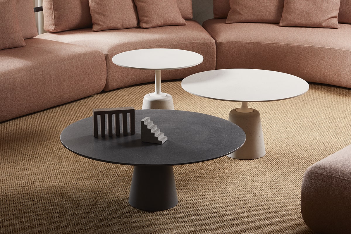 Rock Mini Coffee Table ☞ Structure: Cement Terracotta ☞ Top: Terracotta Stone Chip Cement ☞ Dimensions: Ø 60 cm