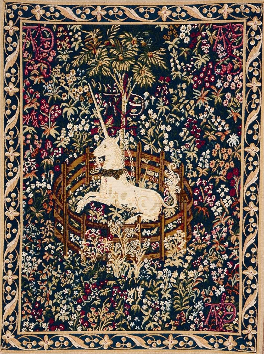 Captive Blue Unicorn with Border Tapestry