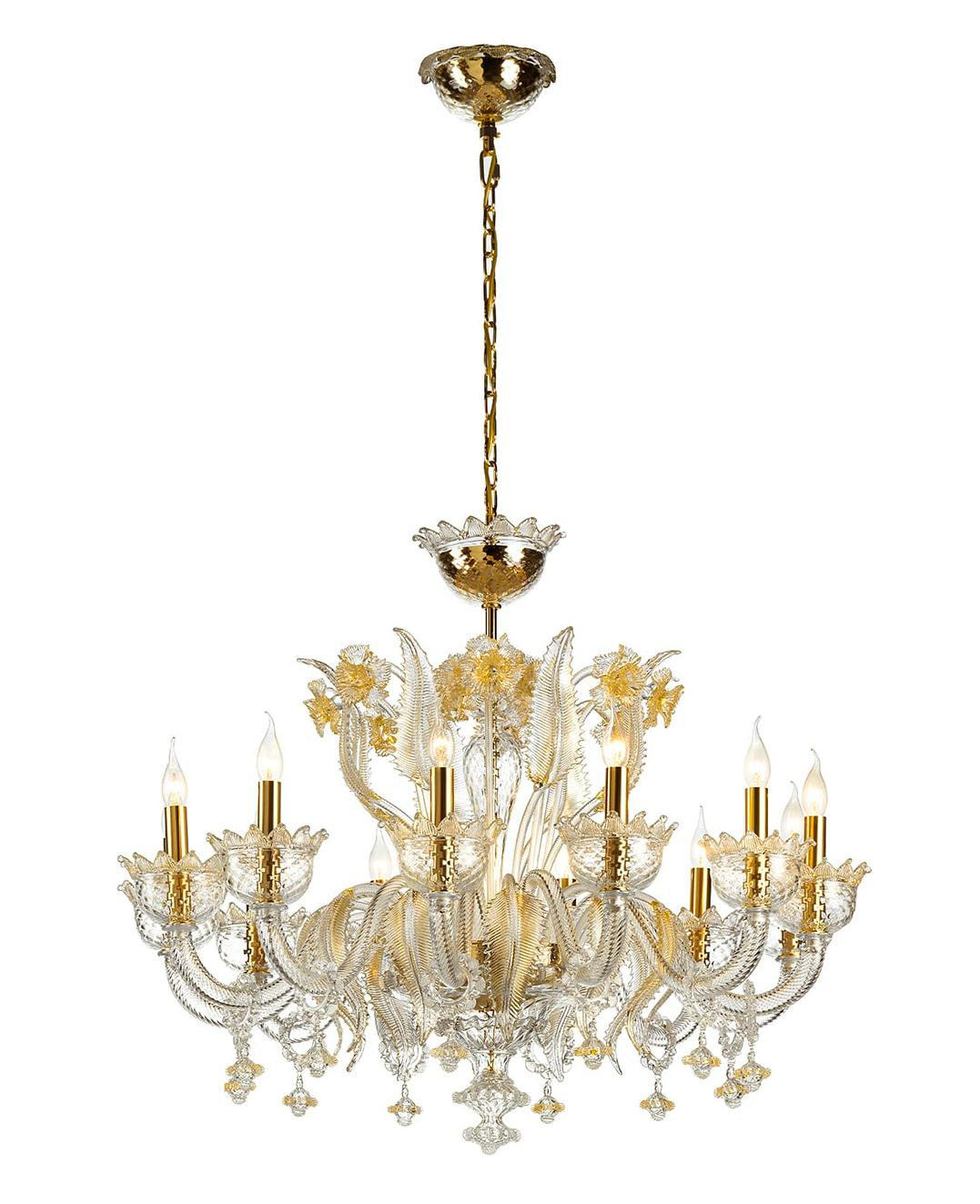Venetian Glass Chandelier in Transparent and Gold