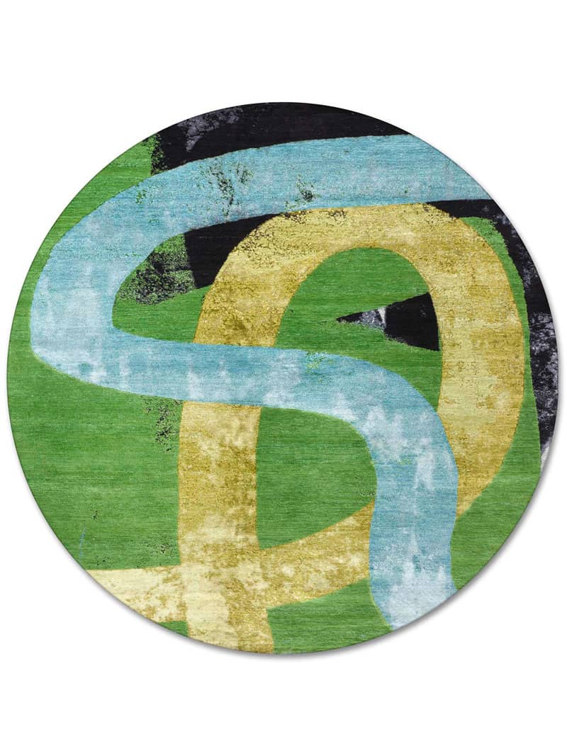 Round Original Green / Yellow Hand-Woven Rug