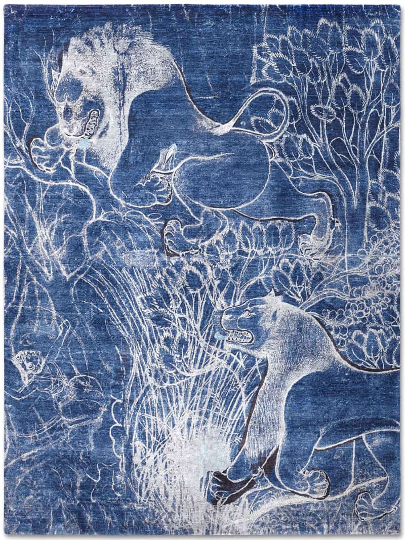 Two Lions Navy Hand-Woven Rug