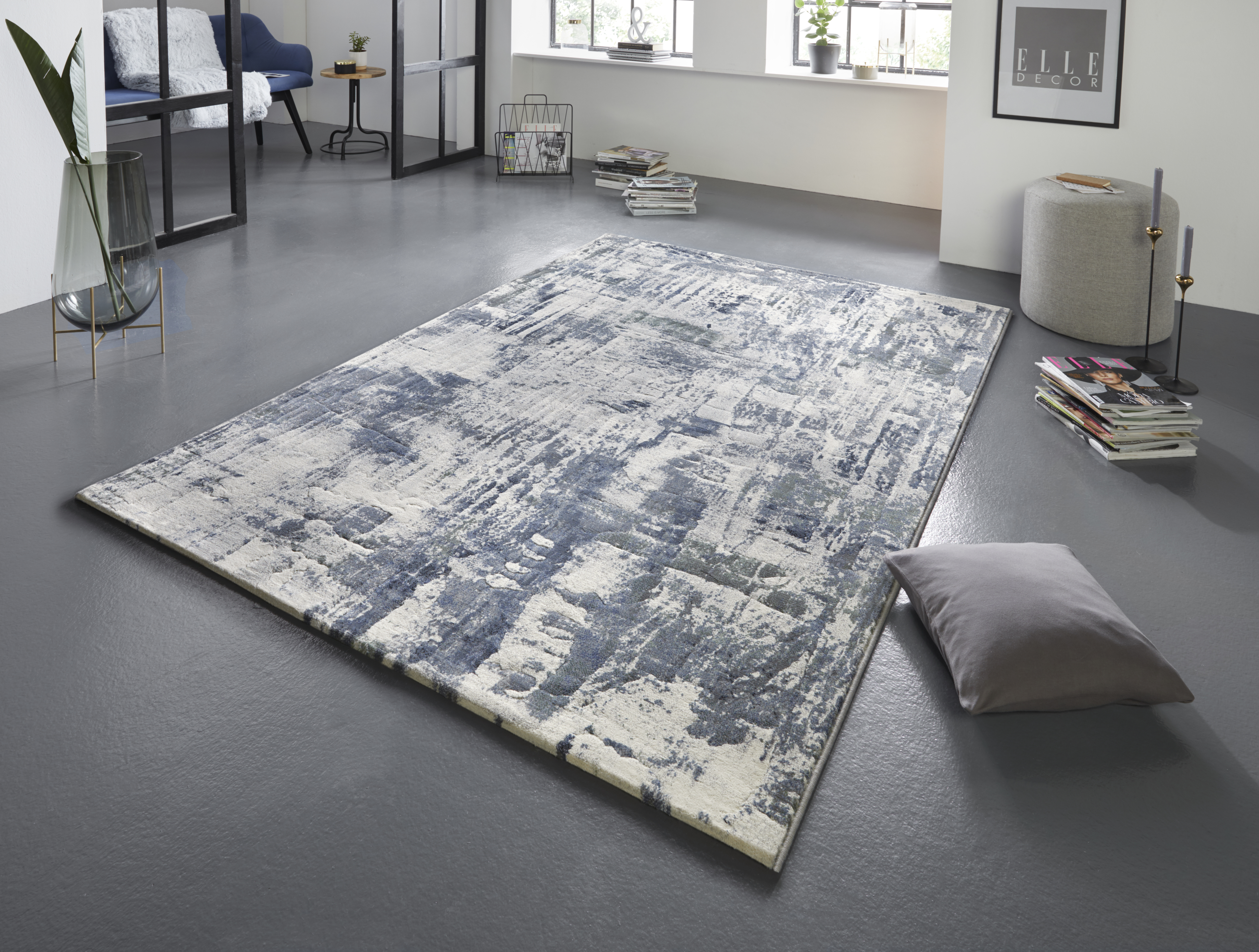 Vernon Cream Blue Grey With Brush-stroke-effect Rug | Size: 80 x 150 cm