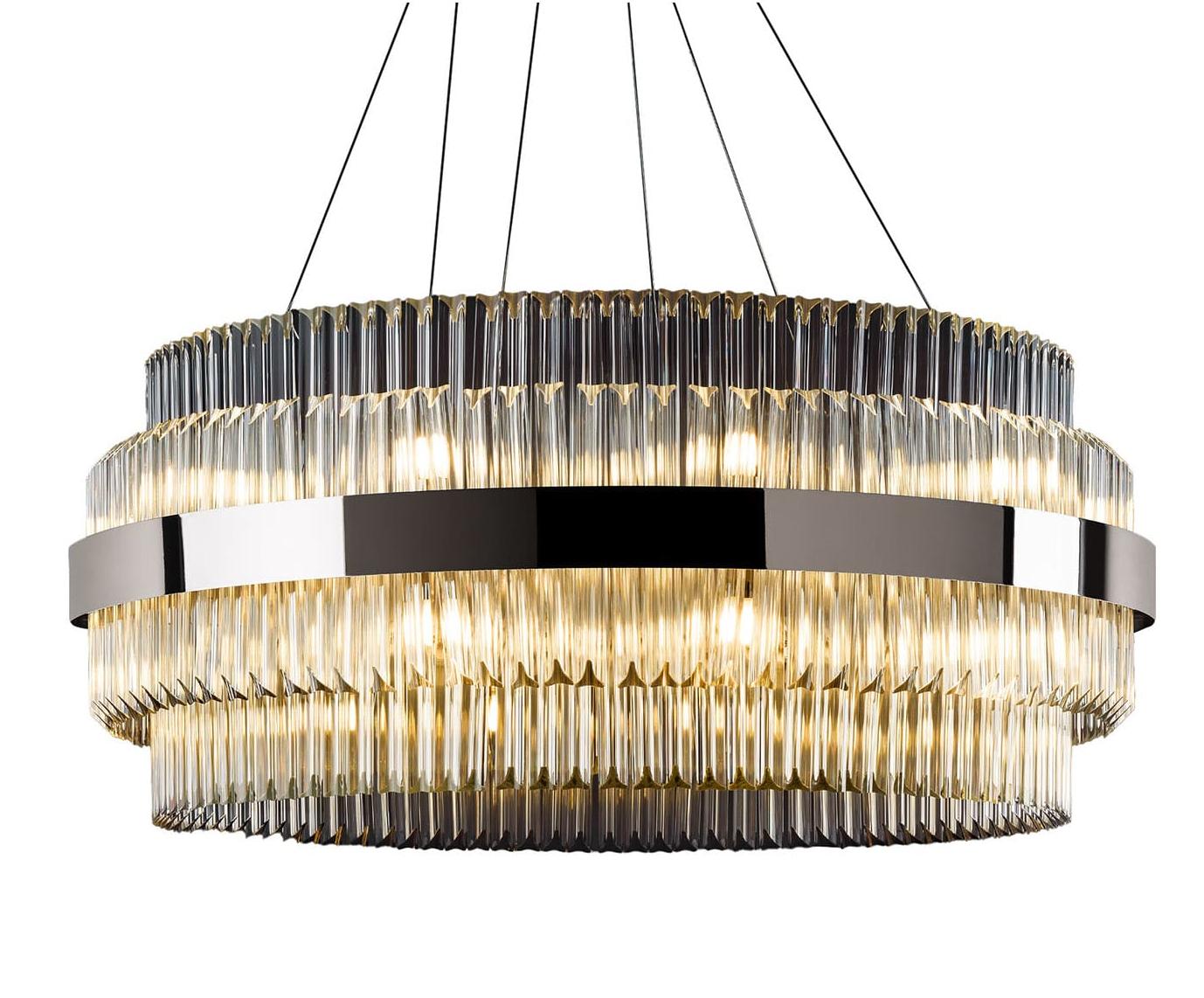 Modern Round Polished Nickel Chandelier with Trihedron Glass