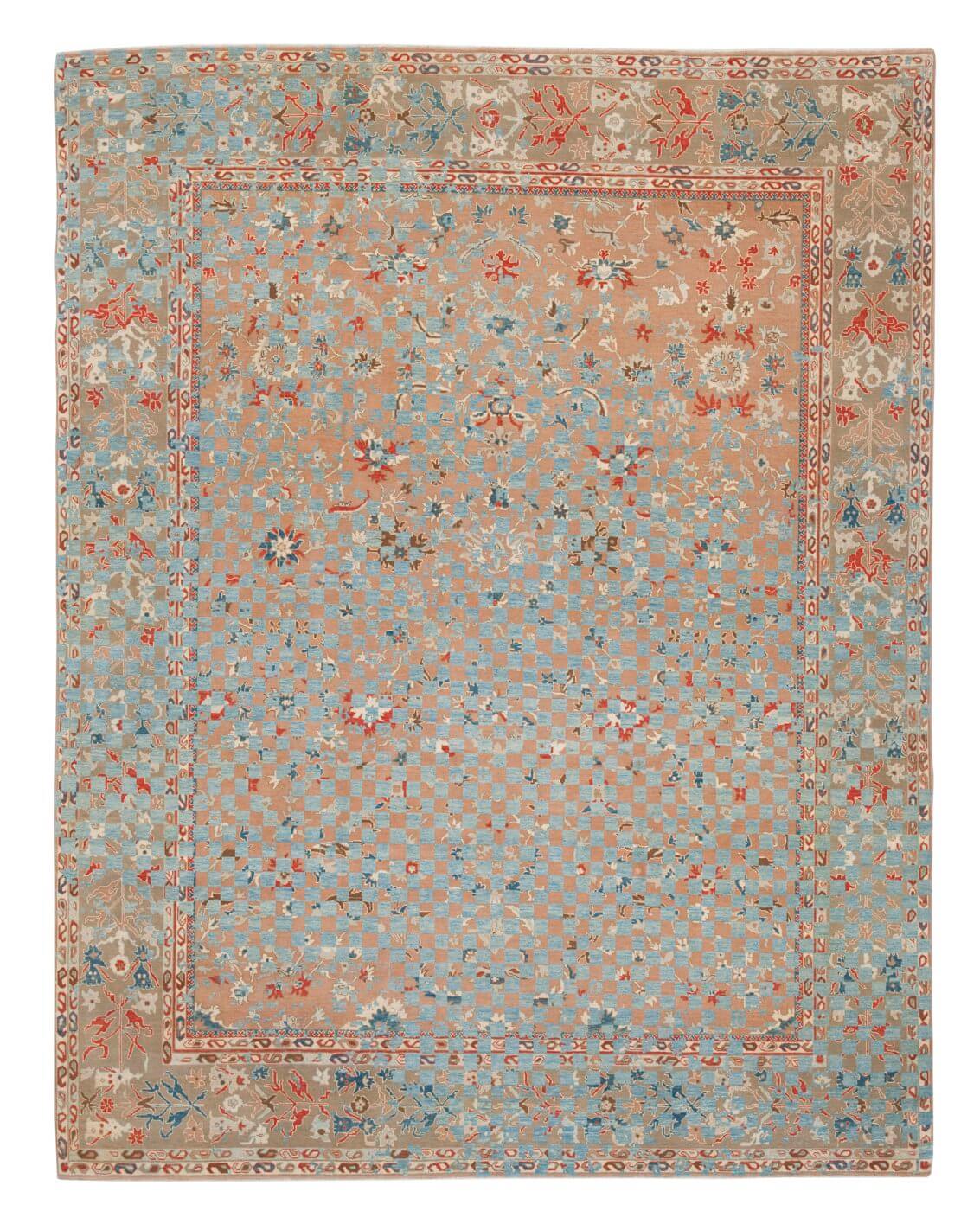 Sulthanabad Madison Checker Raved Peach Blue Rug