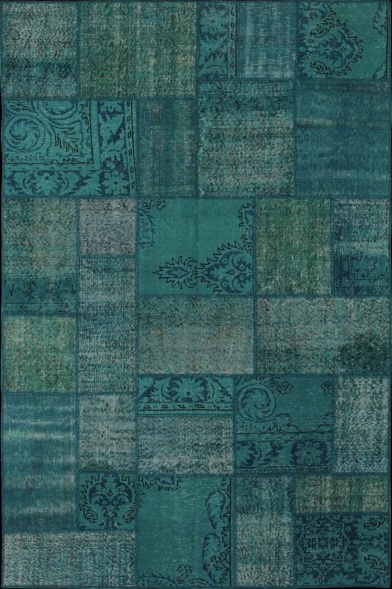 Turkish Overdyed Patchwork Turquoise Wool Rug Antalya