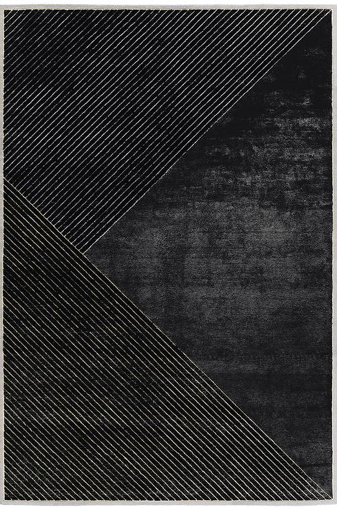 Hand Knotted Black Striped Wool & Viscose Rug