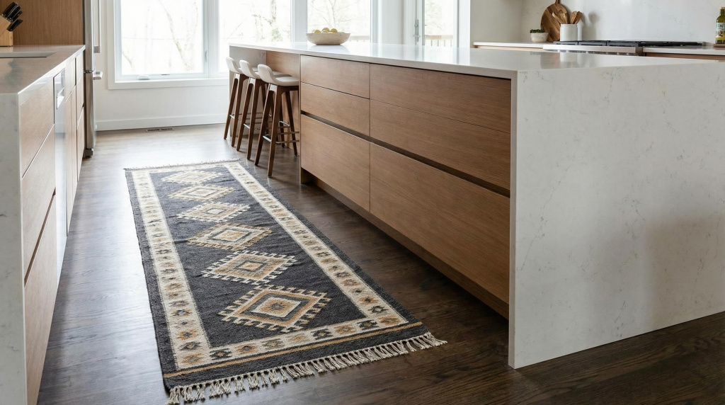 Modern runner rug enhancing a kitchen island