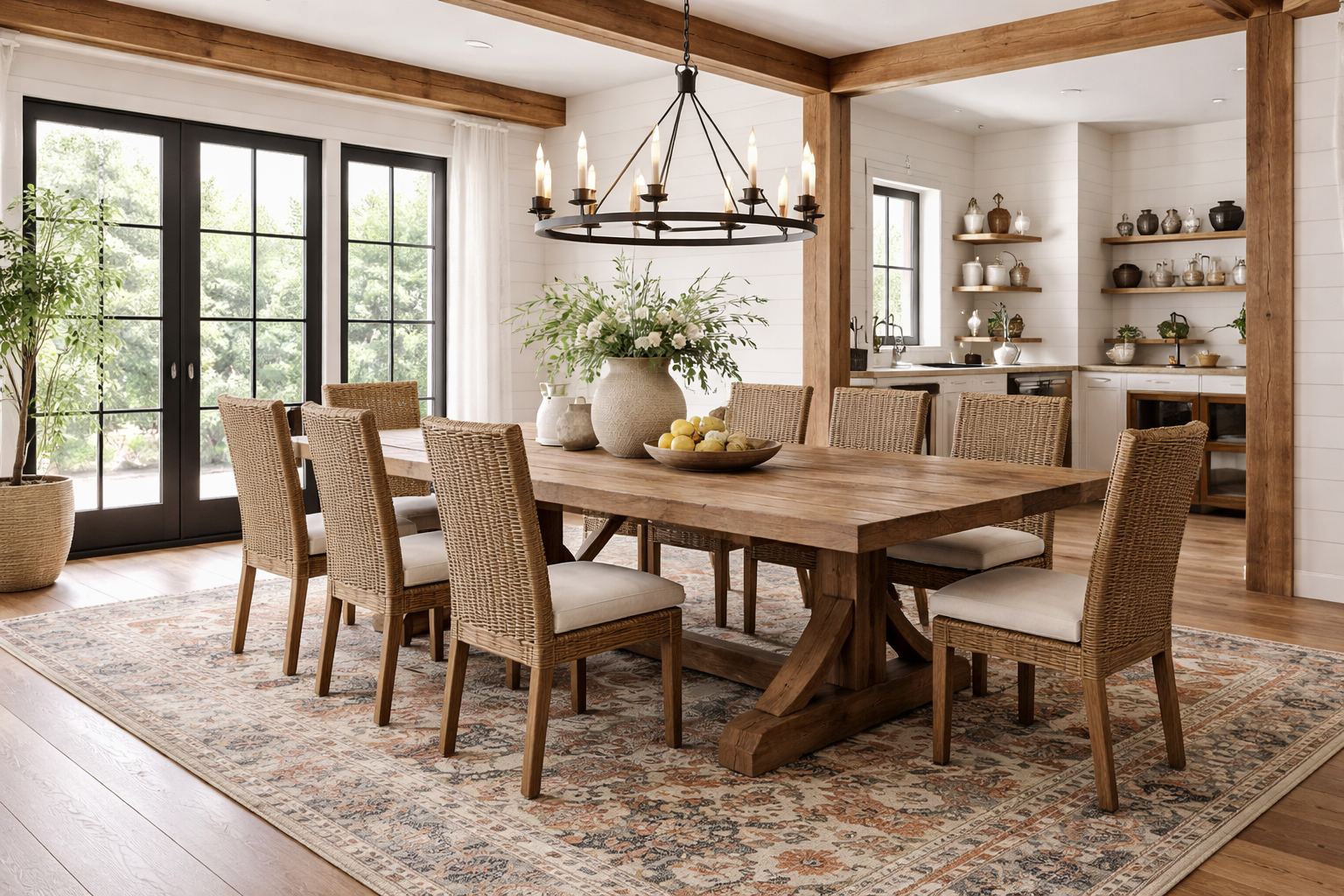 Large patterned rug under a reclaimed wood dining table in a modern farmhouse interior