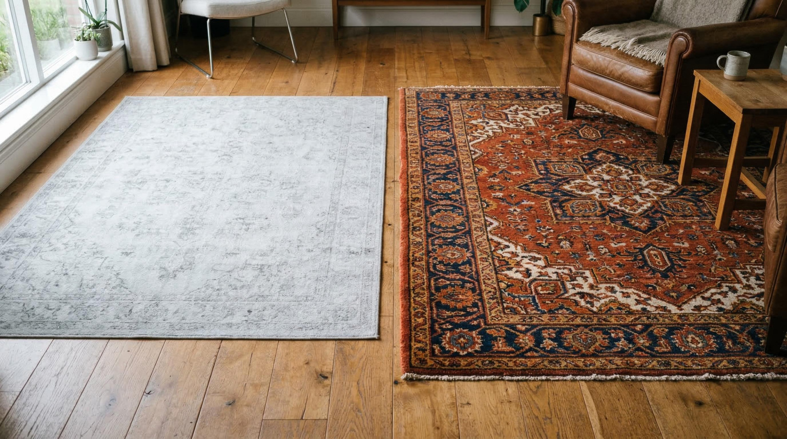 Comparison of a washed-out pale grey contemporary rug looking flat and cold against timber flooring, beside a richly toned hand-knotted rug in warm terracotta and deep indigo showing depth and warmth in the same natural light