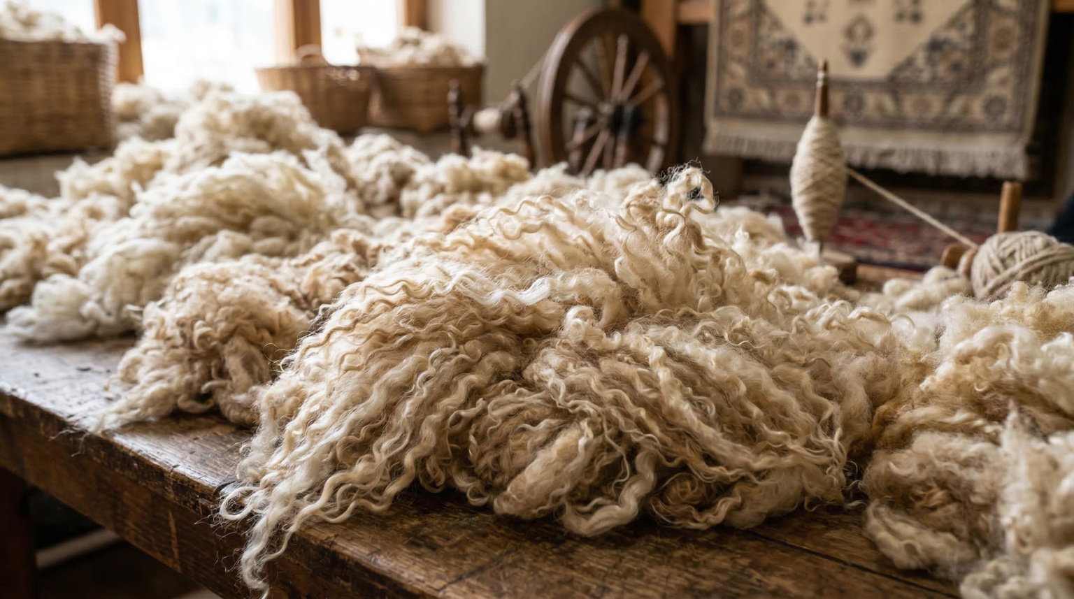 Close-up of raw natural wool fibres in warm ivory and undyed tones laid out before spinning, showing the fine crimp and natural lustre of high-altitude fleece used in luxury hand-knotted carpet production