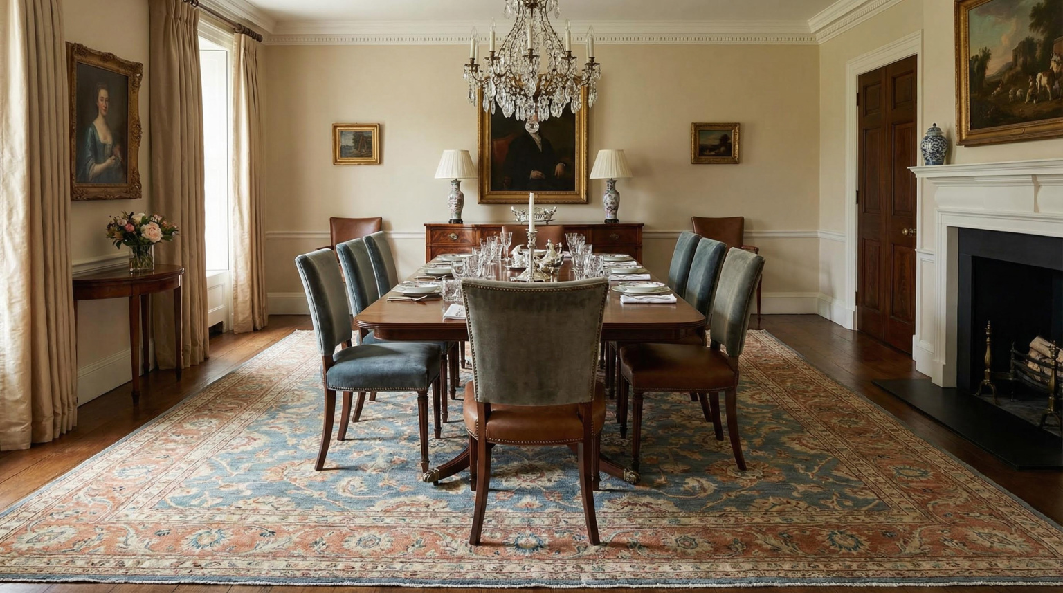 Refined dining room anchored by a timeless patterned luxury rug