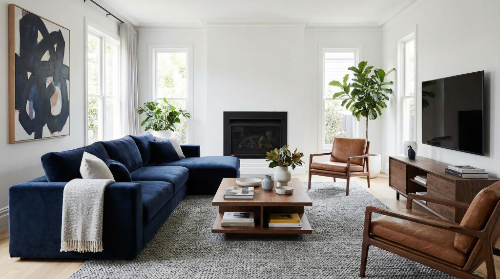 Modern living room with navy sofa and grey rug