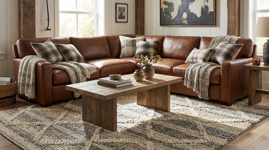 Brown sofa with beige and grey rug
