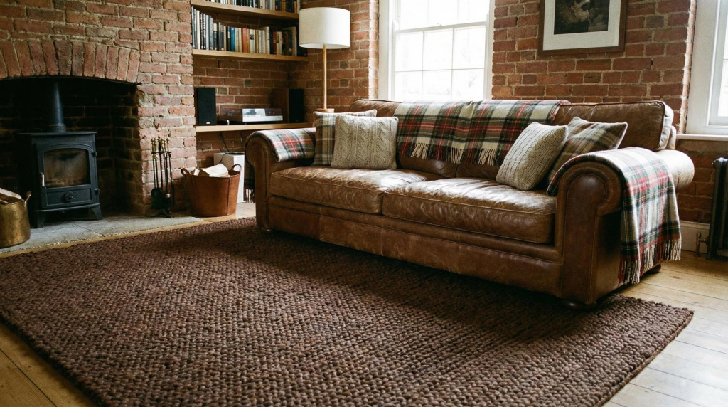 Chocolate brown rug under brown leather sofa