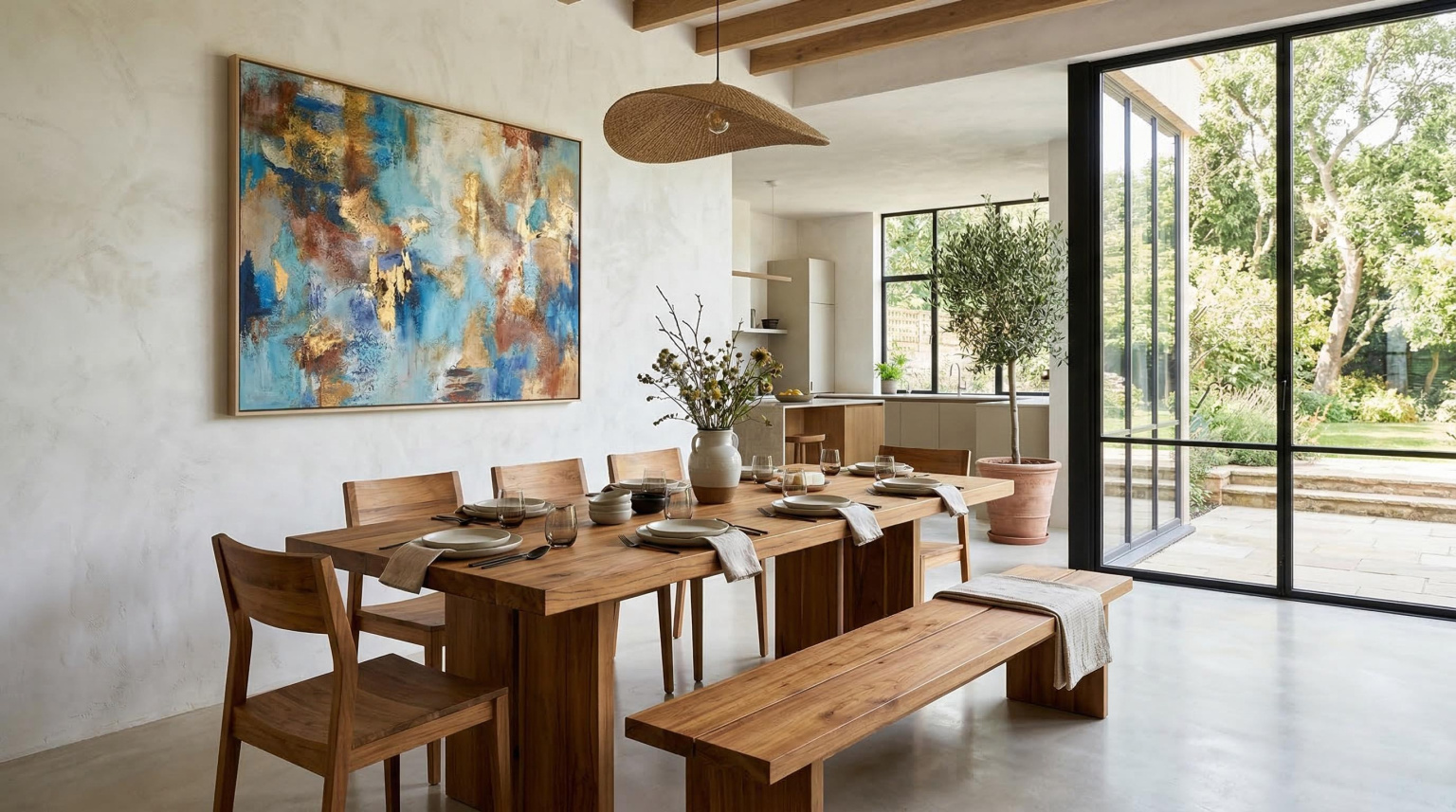 Modern luxury interior with solid teak wood dining table and matching bench, set against white limewash plaster walls and a large abstract artwork, with natural light from full-height windows