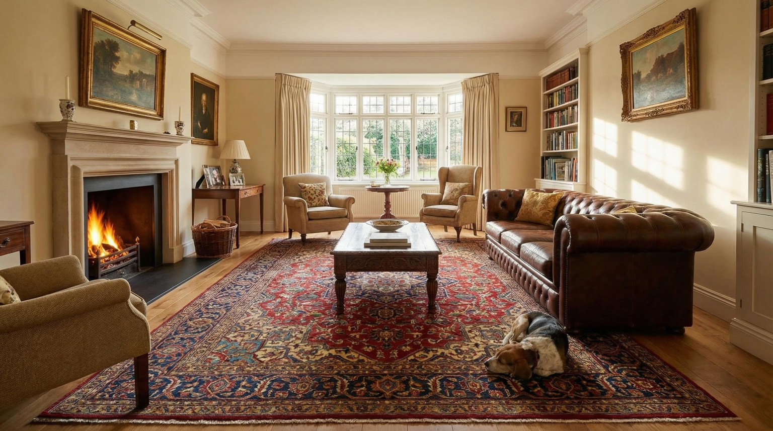 Elegant British living room featuring a handcrafted wool luxury rug