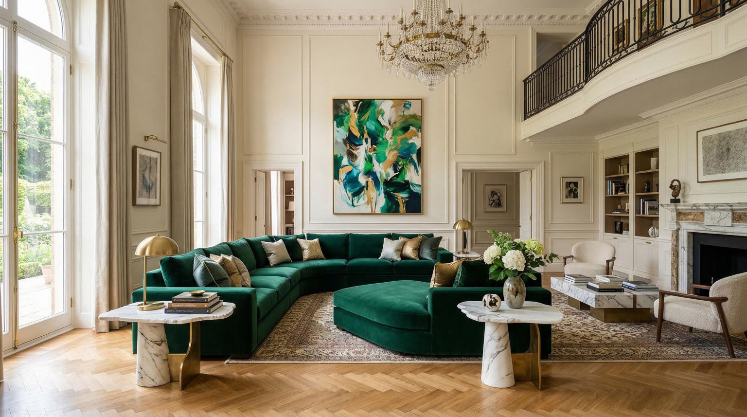 Grand luxury living room with oversized bespoke sofa in deep emerald velvet, flanked by sculptural marble side tables and a large abstract oil painting, with double-height ceilings and herringbone parquet floor