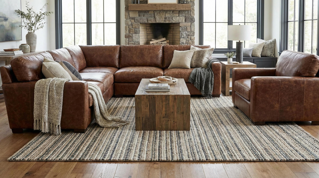 Brown leather furniture with beige and grey rug