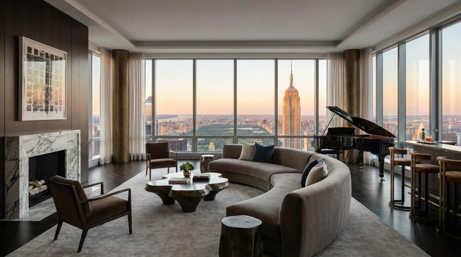 Manhattan penthouse living room with curved sofa and panoramic skyline view including Empire State Building