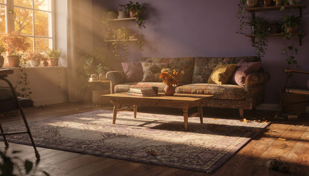 A soft neutral rug grounding a light purple living space