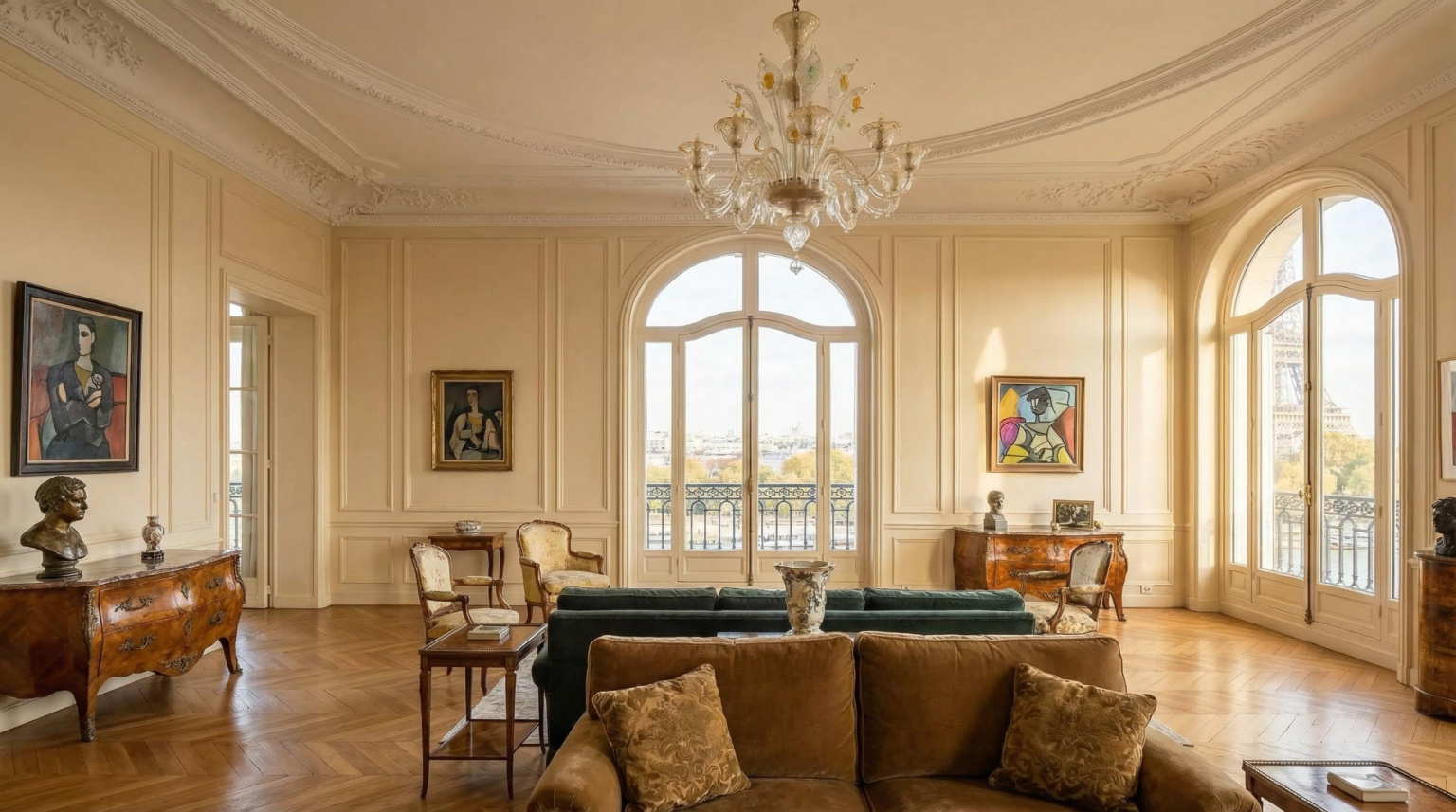 Grand Parisian penthouse living room with ornate mouldings, chandelier and Eiffel Tower view