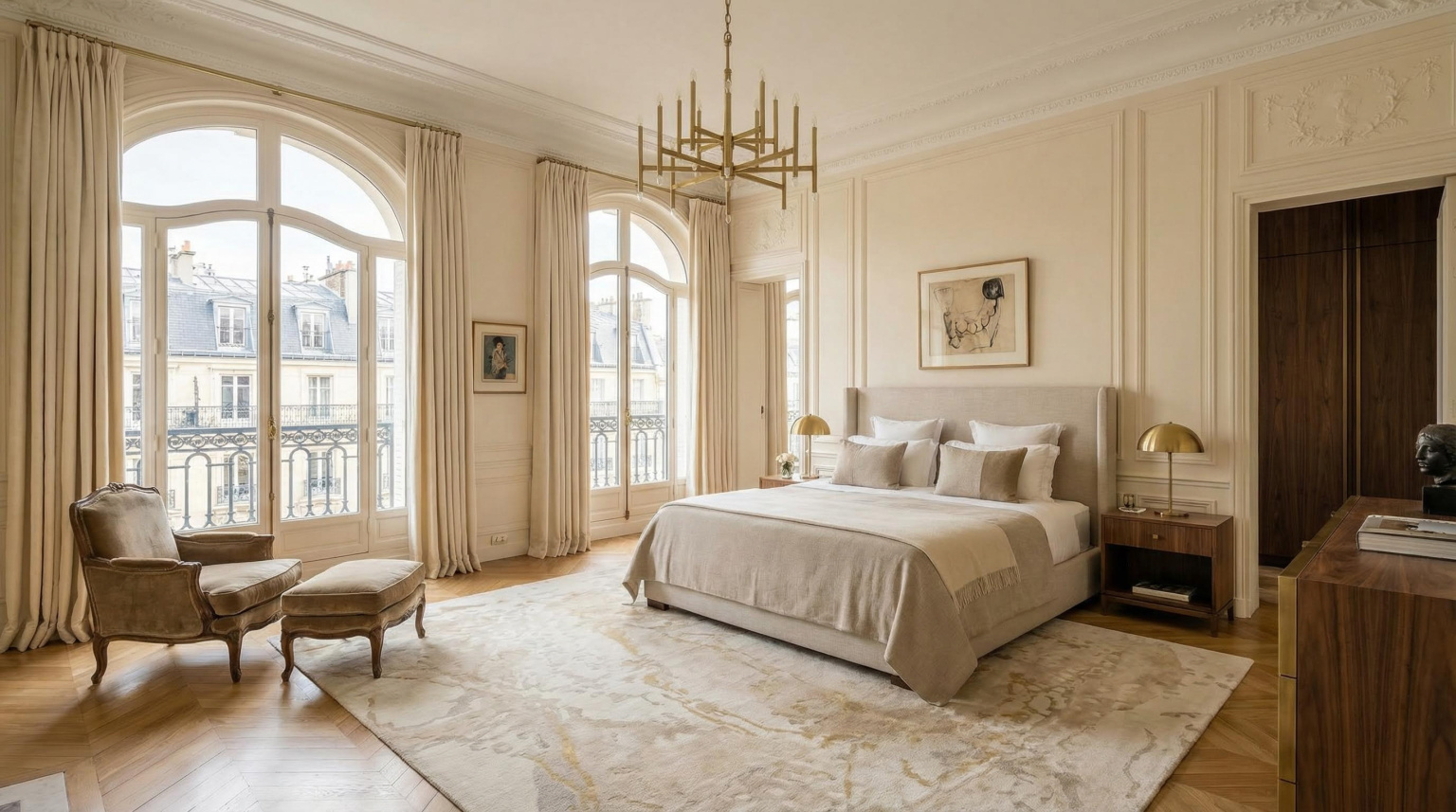 Elegant Parisian penthouse bedroom with ornate ceiling, neutral rug and arched windows