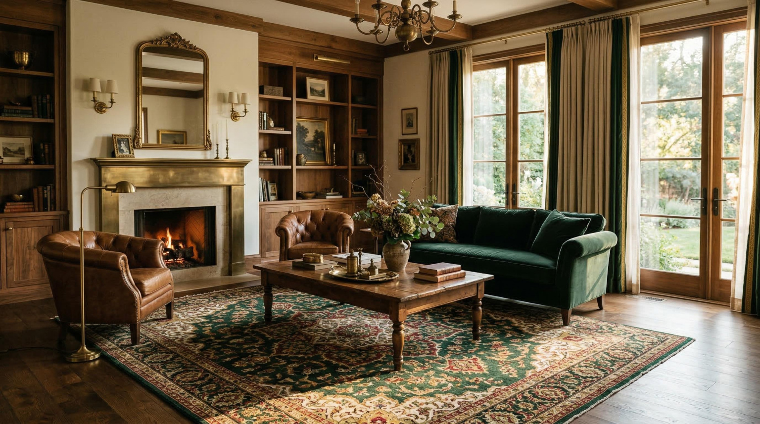 Luxury living room anchored by a richly coloured hand-knotted rug in deep forest green and antique gold with a traditional medallion pattern, complementing warm walnut furniture and aged brass accents in afternoon light
