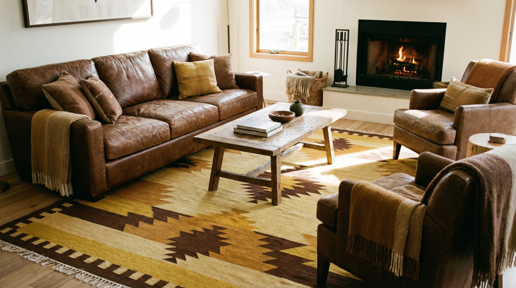 Brown furniture with yellow and brown patterned rug