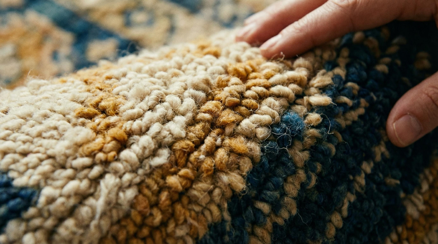 Close-up of dense wool fibres in a hand-knotted luxury rug