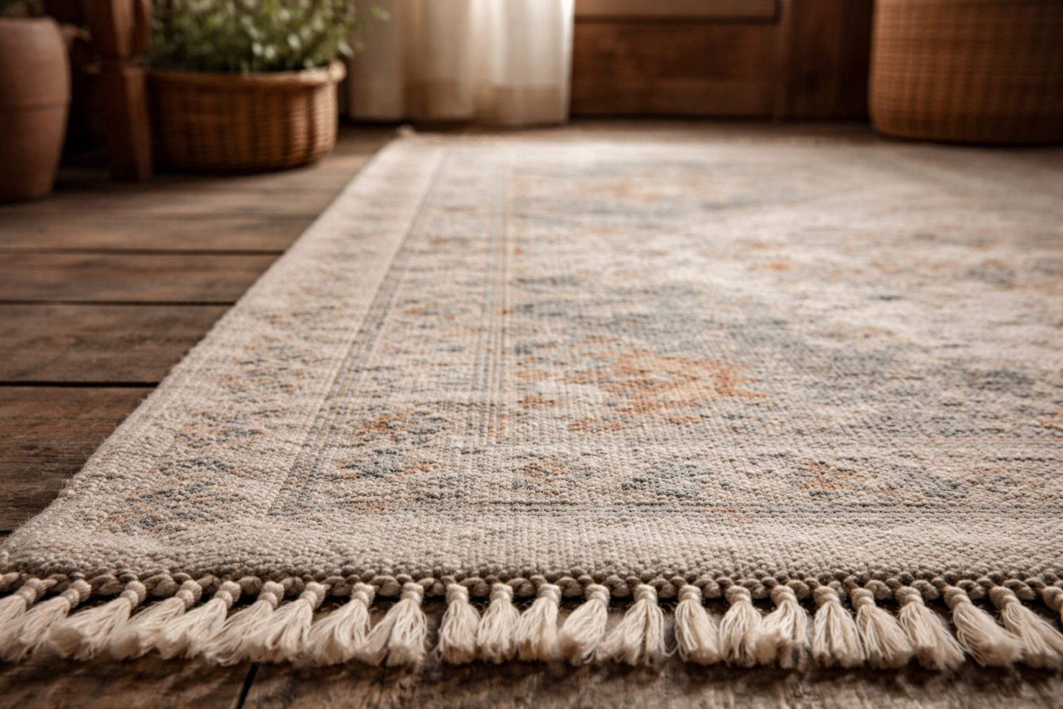 Close-up detail of a hand-knotted wool rug with subtle pattern in a rustic farmhouse setting