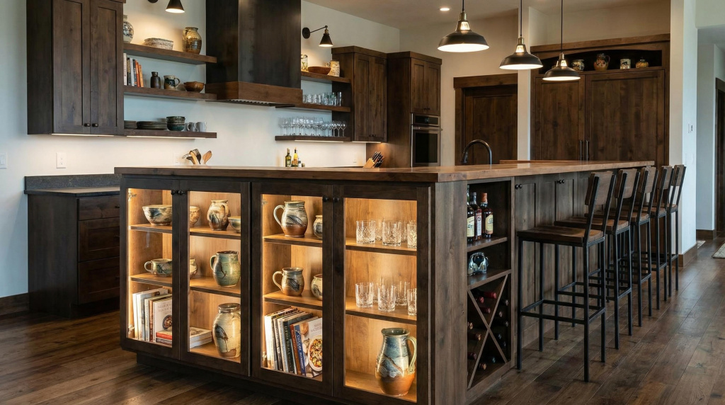 Kitchen with a combination of bar and display cabinets