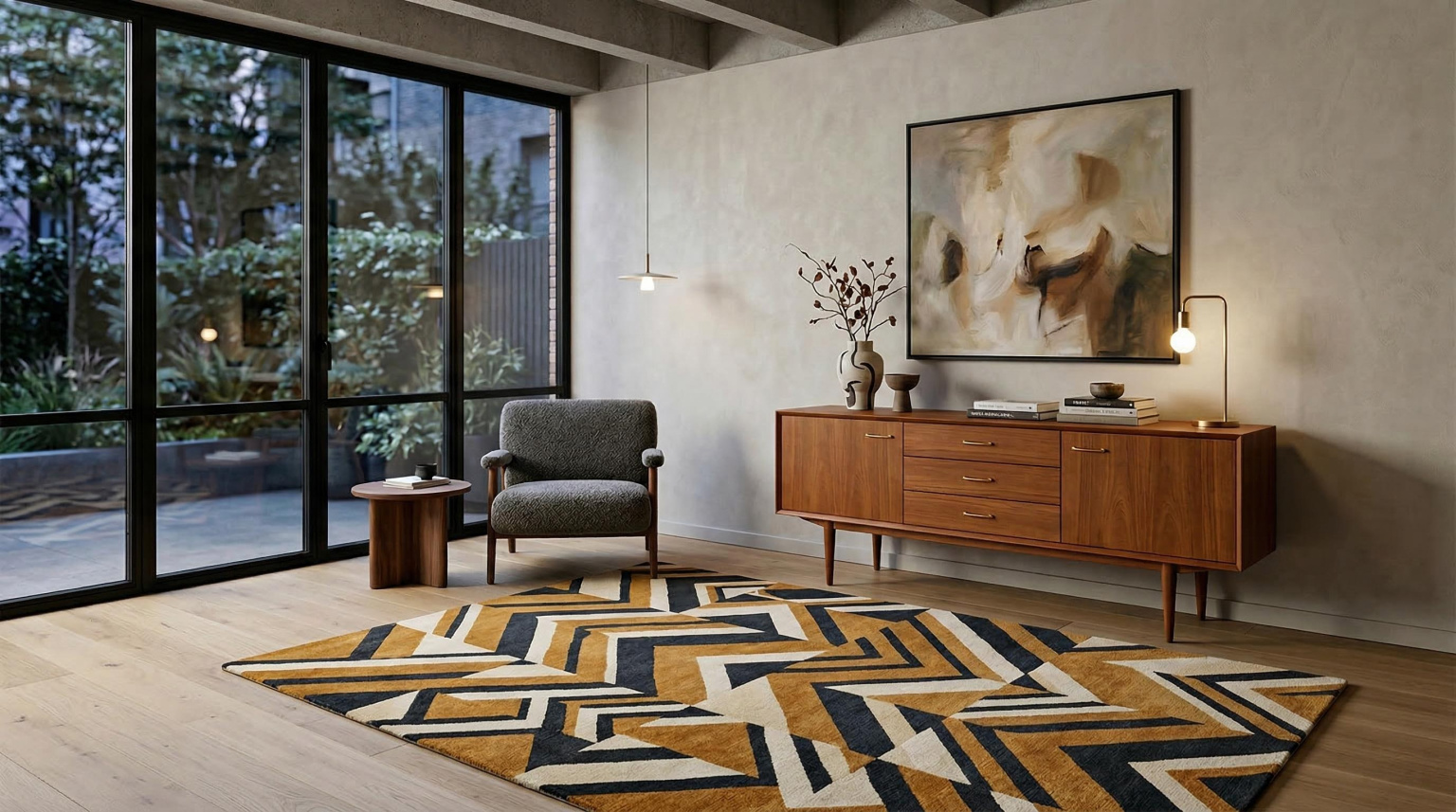 Elegant contemporary interior featuring a Louis de Poortere geometric rug in rich ochre, charcoal and ivory tones beneath a mid-century sideboard, with the rug's pattern holding confident visual weight against the room's architecture