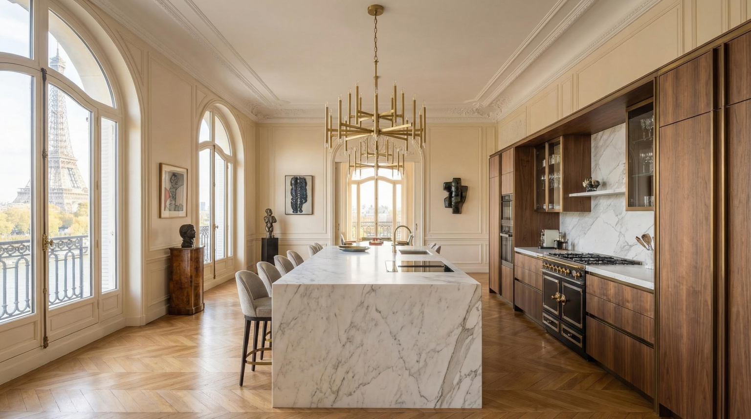 Paris penthouse kitchen with marble island, walnut cabinetry and Eiffel Tower view